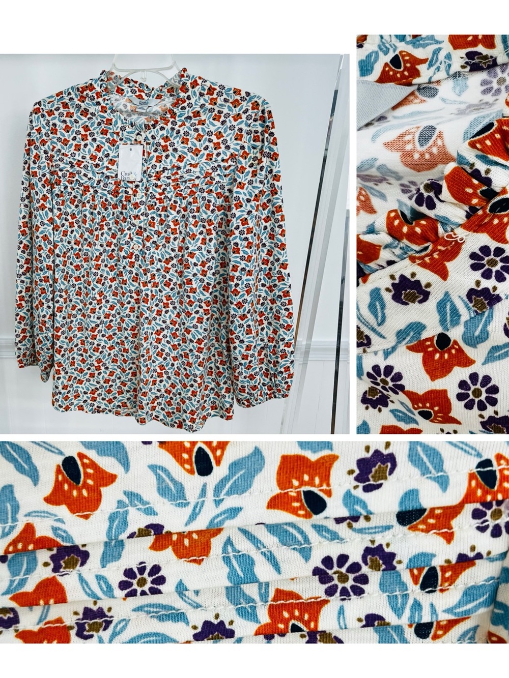 NWT! Women's Croft & Barrow Floral Ruffle Neck Blouse 100% Cotton Sz M